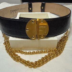 Vintage Donna Karan Black Leather belt with gold buckle